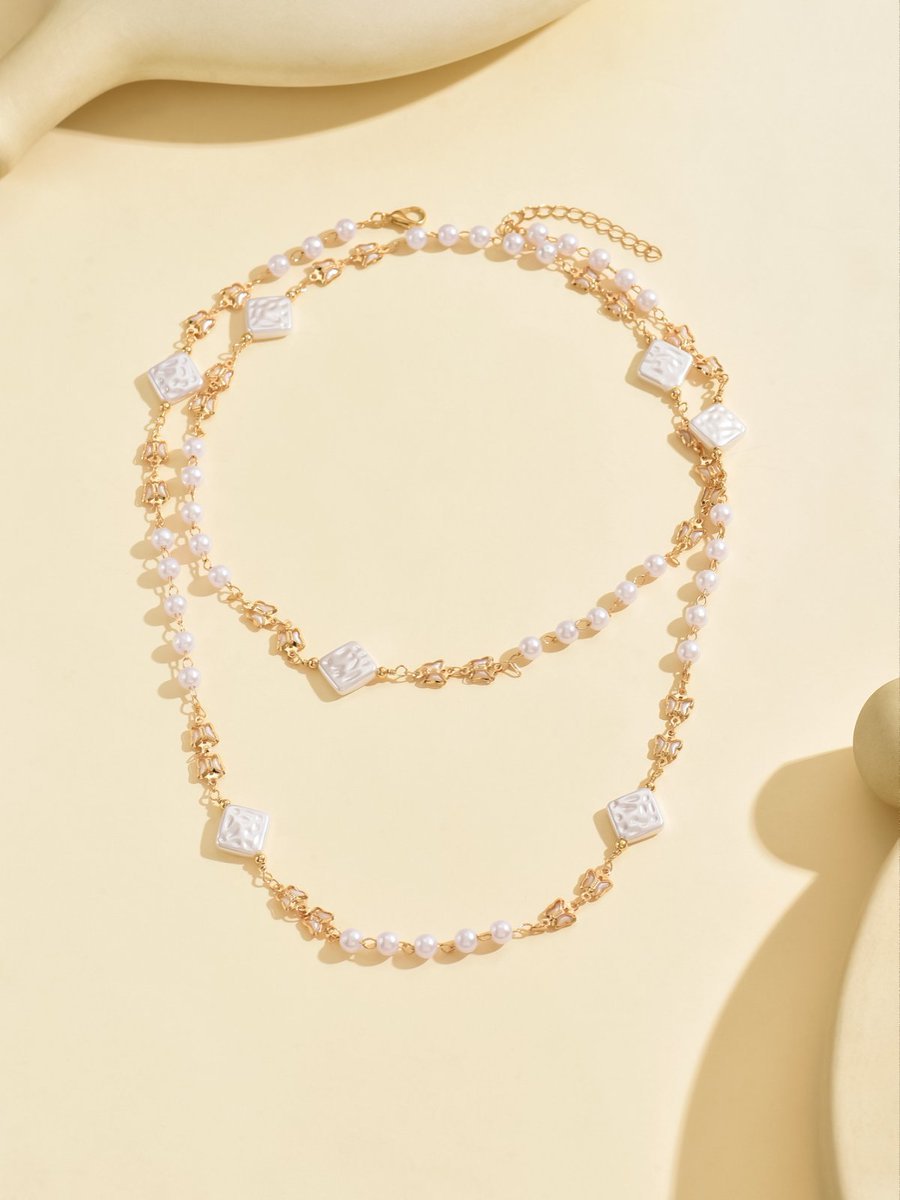 Elegant Double Layer Pearl And Square Bead Necklace - Stylish And Feminine Jewelry For Young Women - Image 2