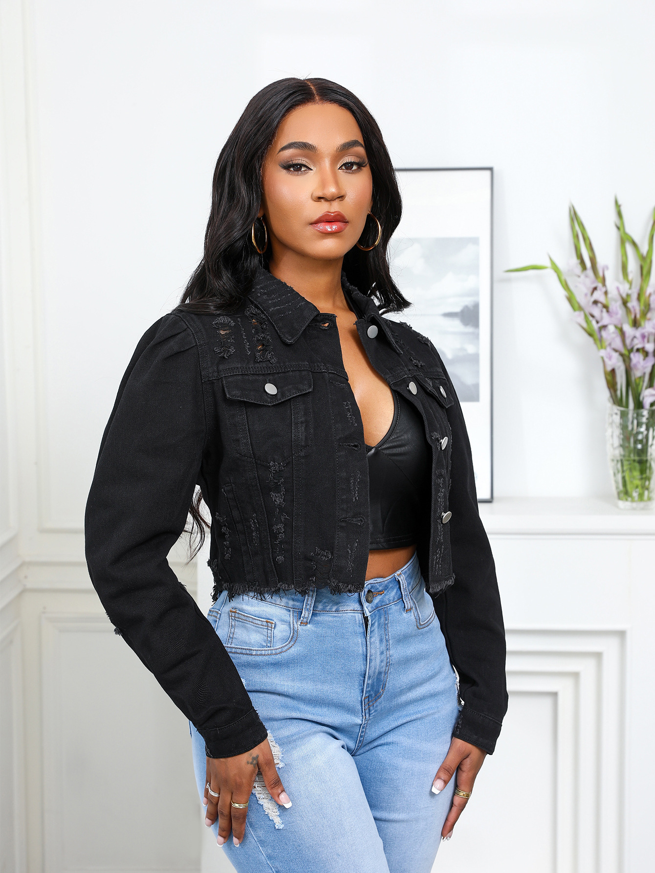 Worn Ripped Puff Sleeve Denim Coat For Women - Image 5