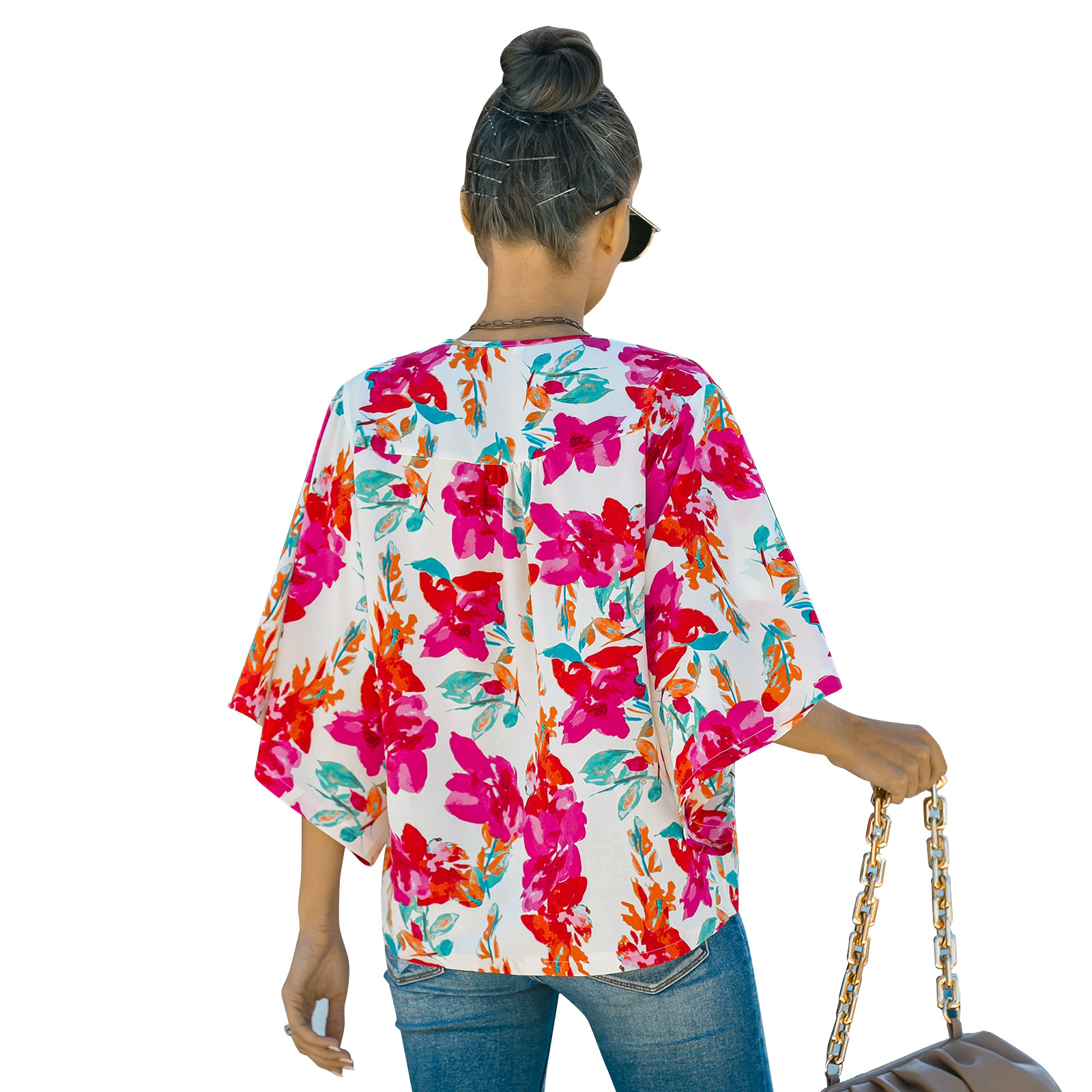 European And American Women's Five-quarter Sleeve Loose Floral Shirt - Image 3