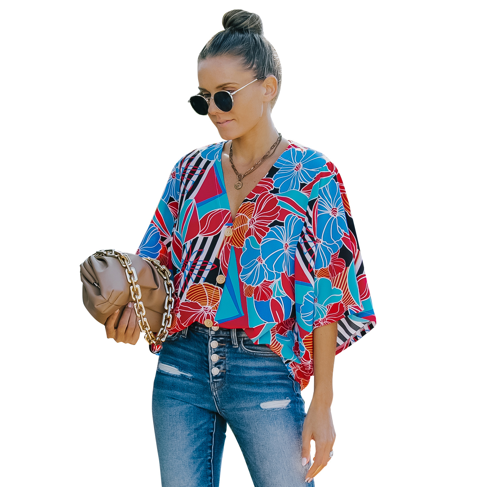 European And American Women's Five-quarter Sleeve Loose Floral Shirt - Image 5