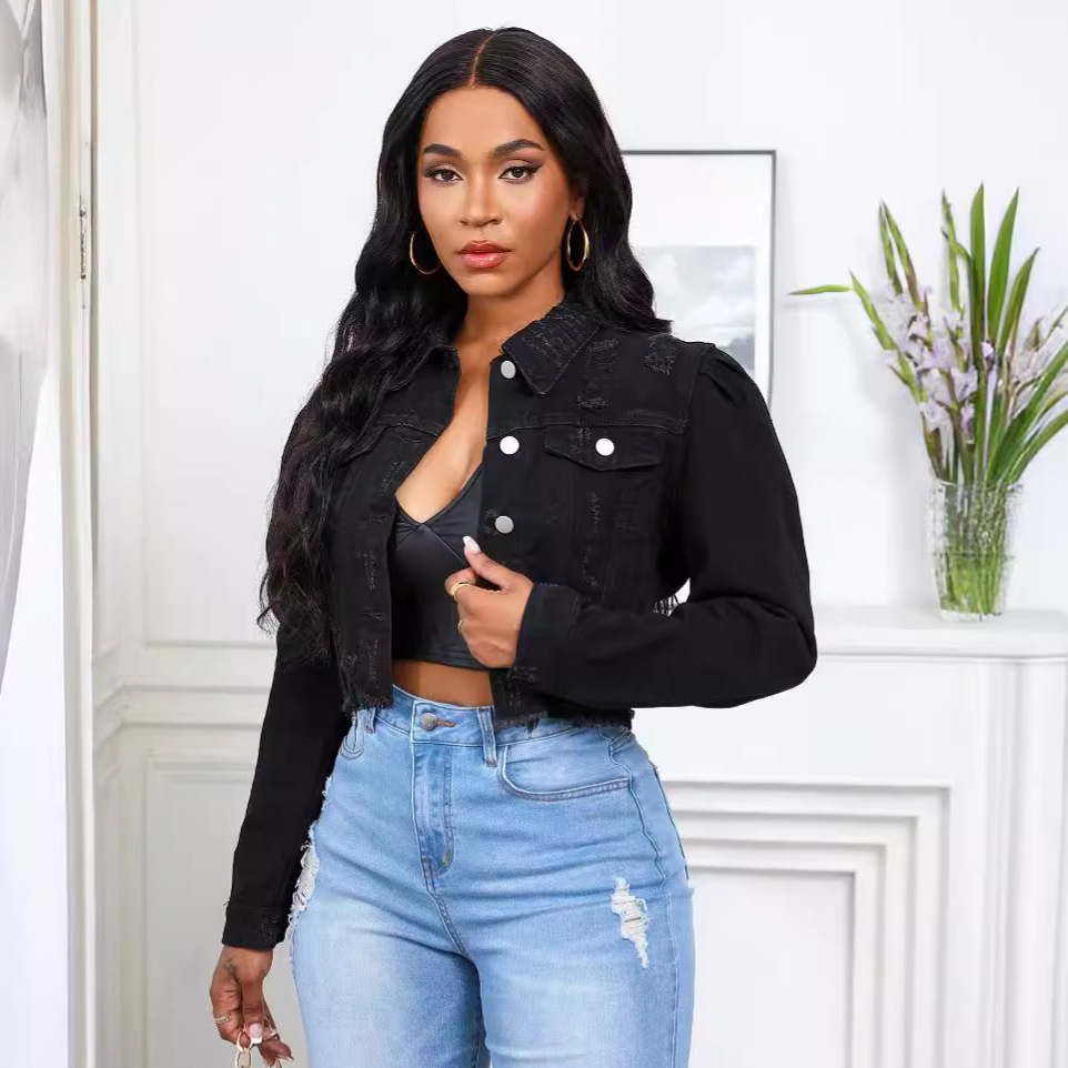 Worn Ripped Puff Sleeve Denim Coat For Women - Image 8