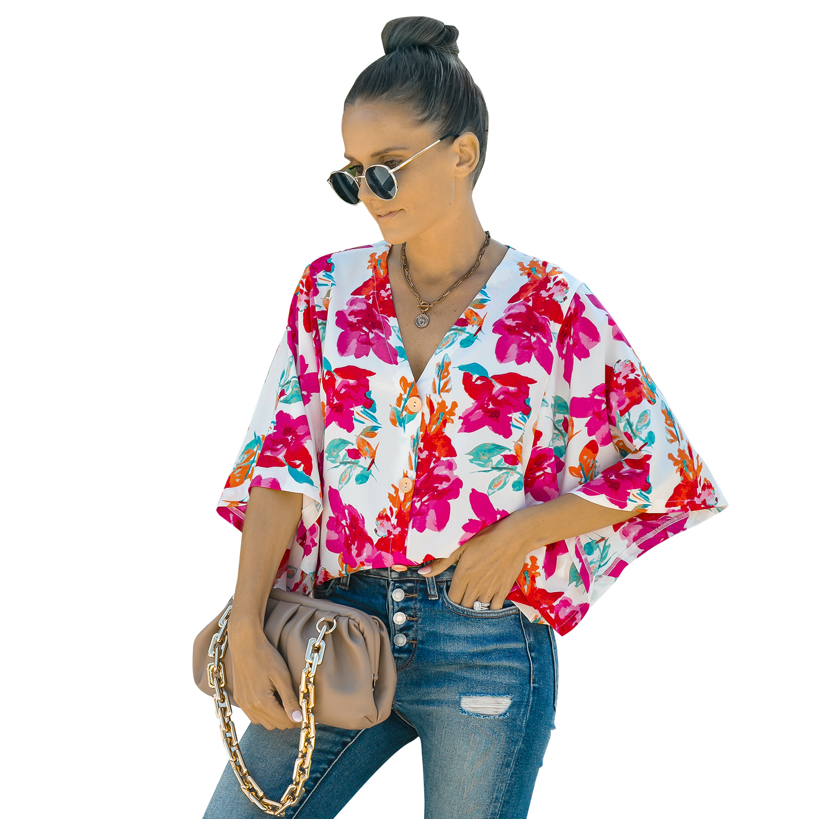 European And American Women's Five-quarter Sleeve Loose Floral Shirt - Image 4