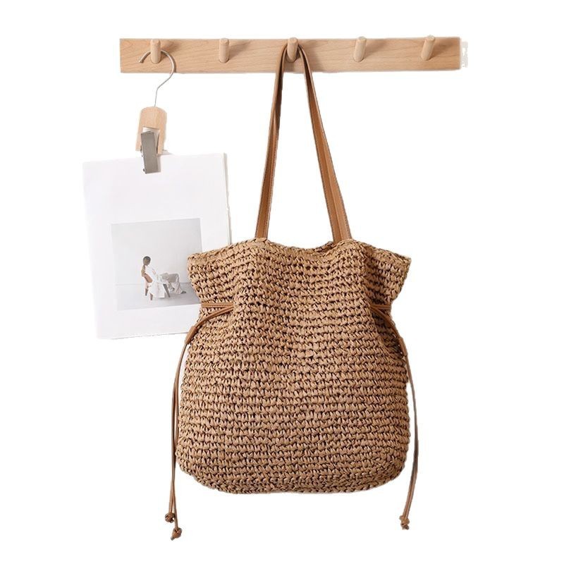 Large Capacity Straw Bag Drawstring Hand-carrying Knitting Shoulder Bag - Image 6