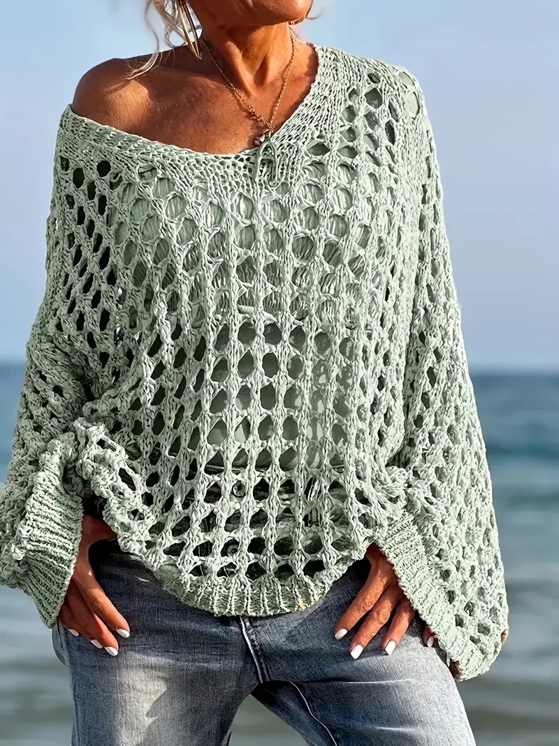 Loose Leisure All-matching Hollow Long Sleeve Plus Size Women's Knitted Sweater - Image 7