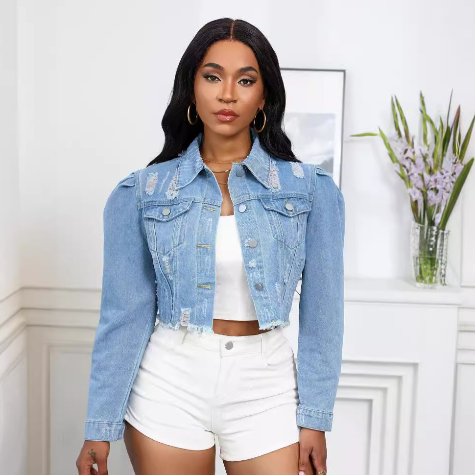 Worn Ripped Puff Sleeve Denim Coat For Women - Image 2