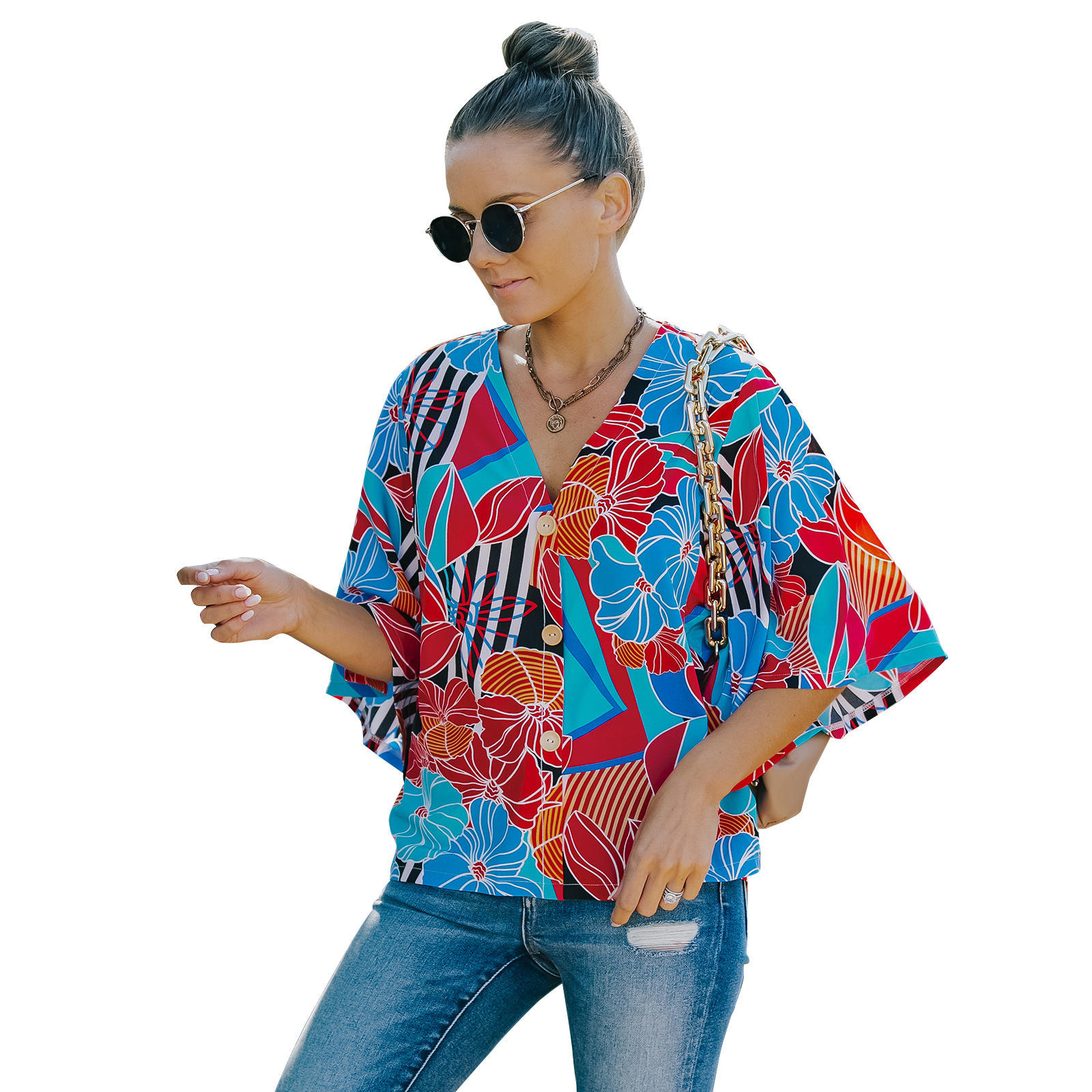 European And American Women's Five-quarter Sleeve Loose Floral Shirt - Image 7