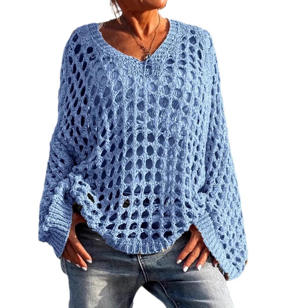 Loose Leisure All-matching Hollow Long Sleeve Plus Size Women's Knitted Sweater - Image 3