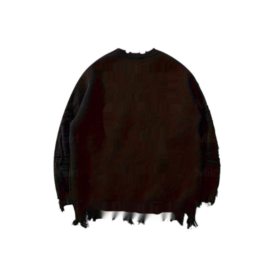 American New Dark Letter Jacquard Ripped Long Sleeves Warm Sweater - Image 5