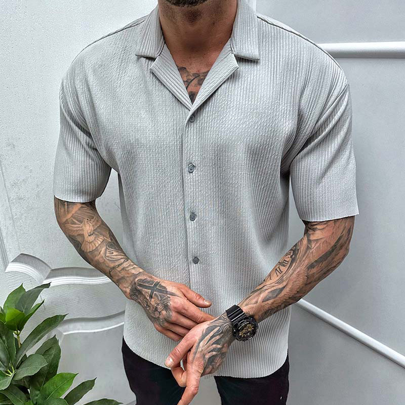 Men's Cardigan Solid Color Short Sleeve Shirt - Image 3