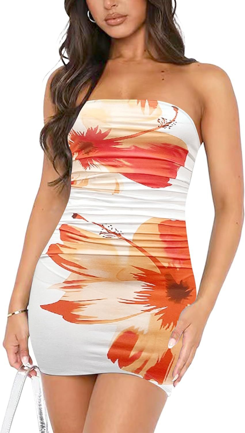 Tube Top Printed Pleated Pullover Hip Wrap Short Dress - Image 7