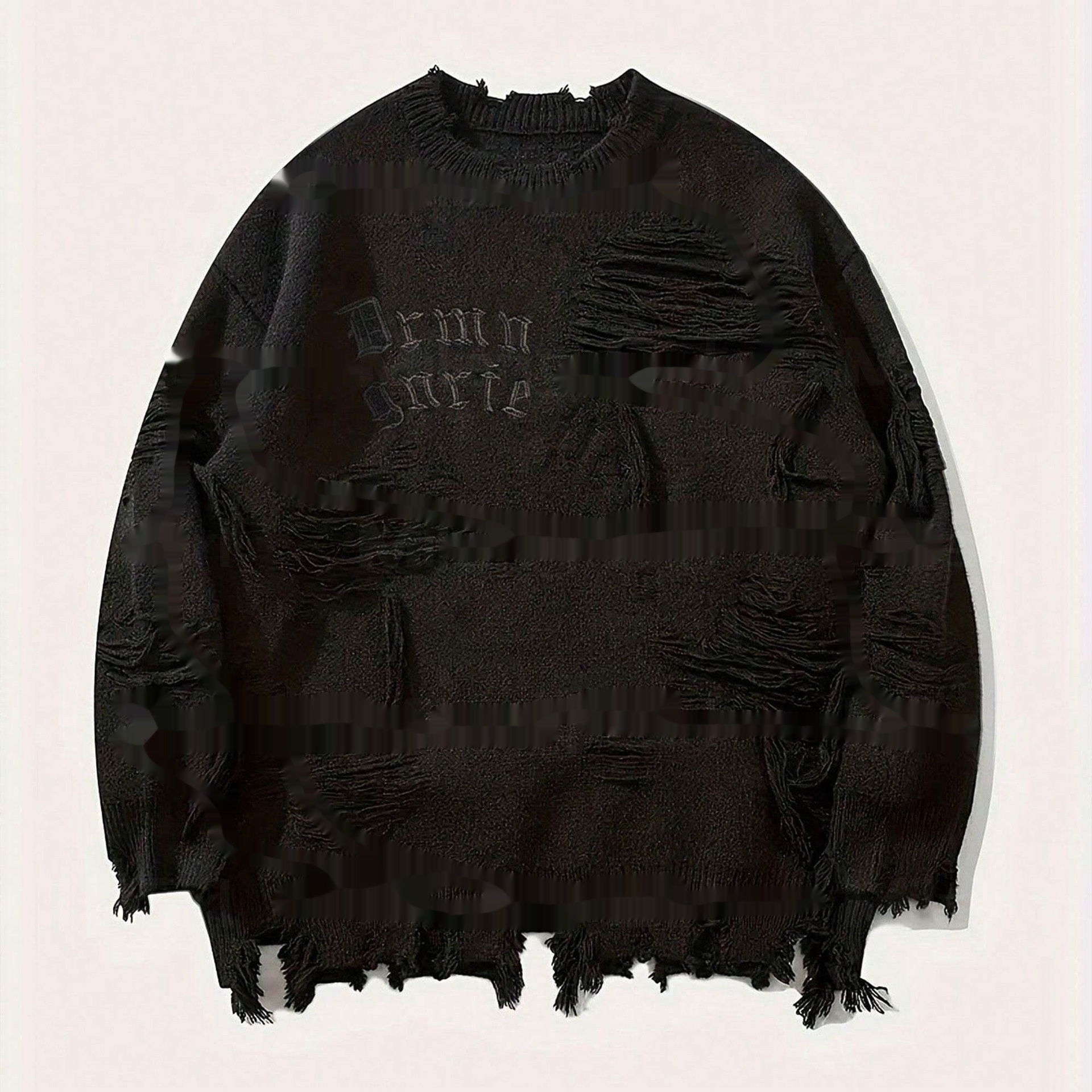 American New Dark Letter Jacquard Ripped Long Sleeves Warm Sweater