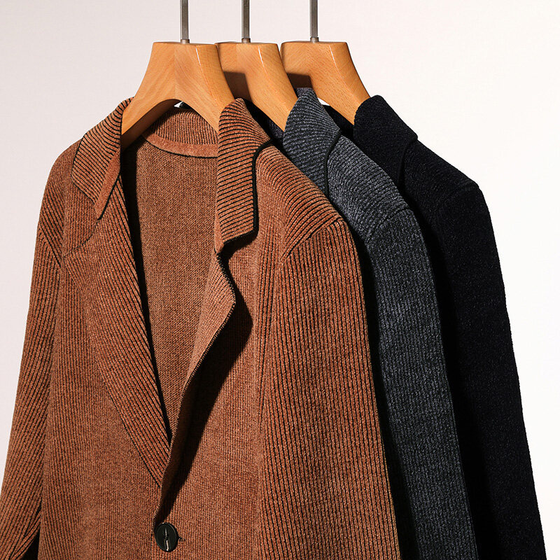 Men's Solid Color Cardigan Small Suit Knitted Jacket - Image 5