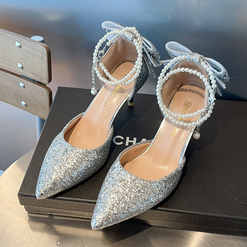 Pointed Toe Shallow Mouth Black Paillette Bow High Heels For Women - Image 7