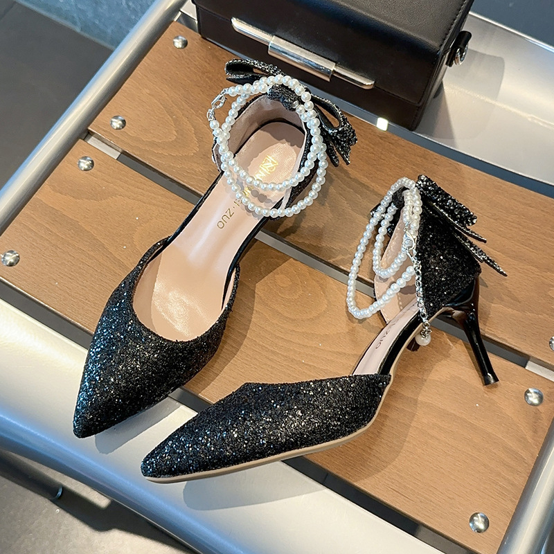 Pointed Toe Shallow Mouth Black Paillette Bow High Heels For Women - Image 4