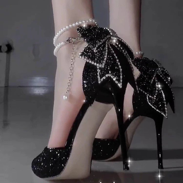 Pointed Toe Shallow Mouth Black Paillette Bow High Heels For Women - Image 6