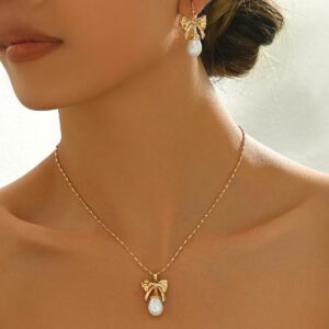 Elegant Gold-Toned Bow & Pearl Jewelry Set - Necklace & Earrings