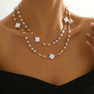 Elegant Double Layer Pearl And Square Bead Necklace - Stylish And Feminine Jewelry For Young Women