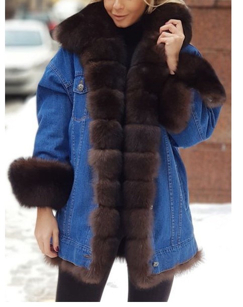 Ladies Fur One Denim Long Long Sleeve Coat - Image 2