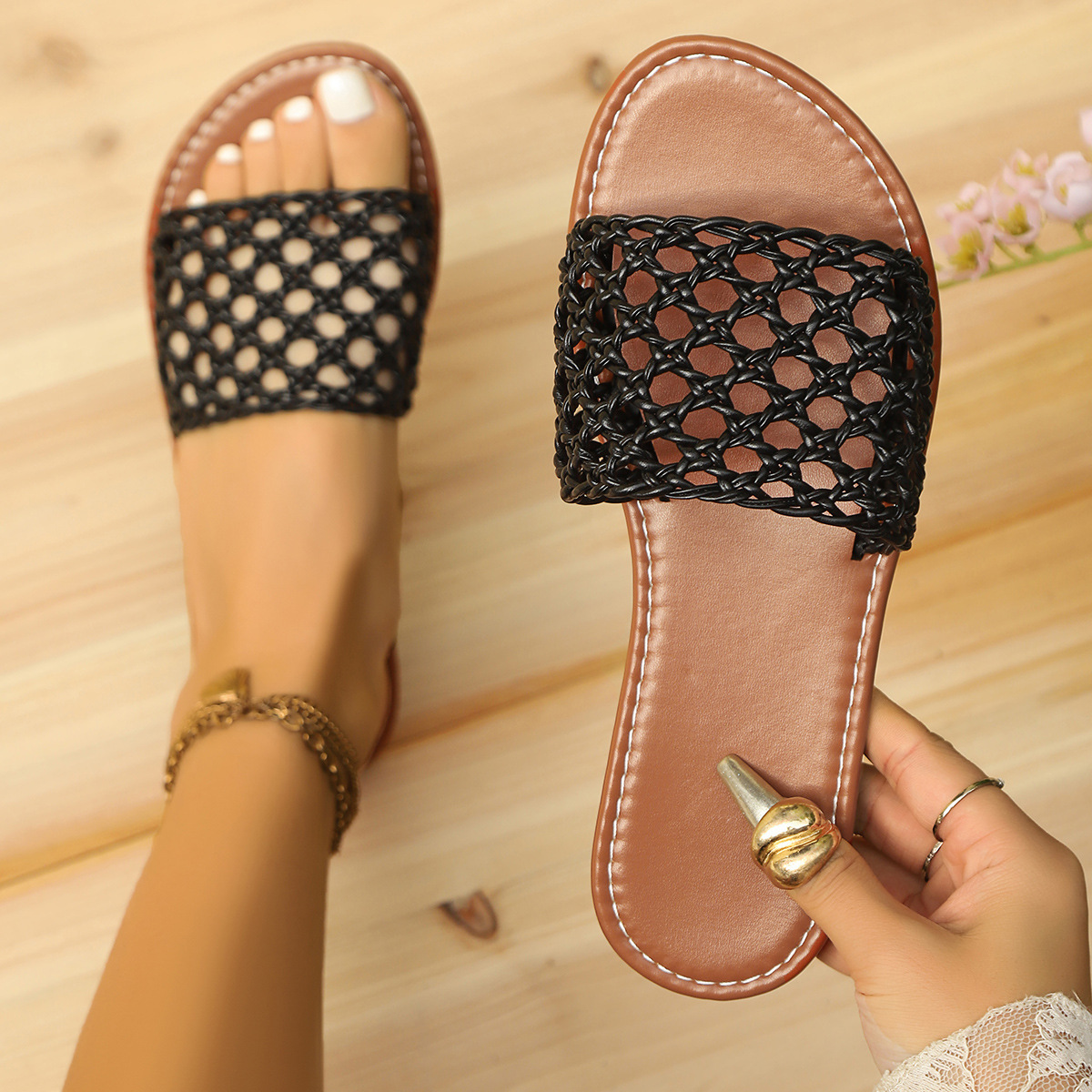 Mesh Slippers Women's Shoes Square Toe - Image 3