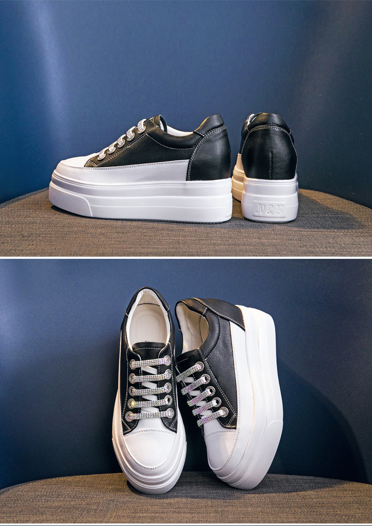 Genuine Leather Platform Versatile Casual Breathable White Muffin Height Increasing Insole Women's Board Shoes - Image 6