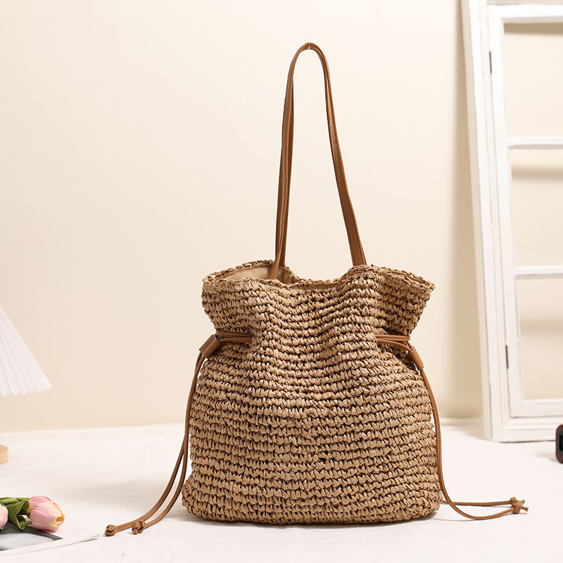 Large Capacity Straw Bag Drawstring Hand-carrying Knitting Shoulder Bag - Image 7