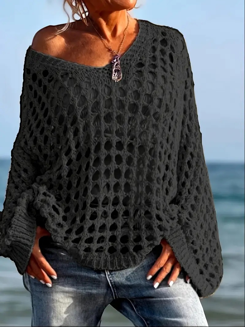 Loose Leisure All-matching Hollow Long Sleeve Plus Size Women's Knitted Sweater - Image 4