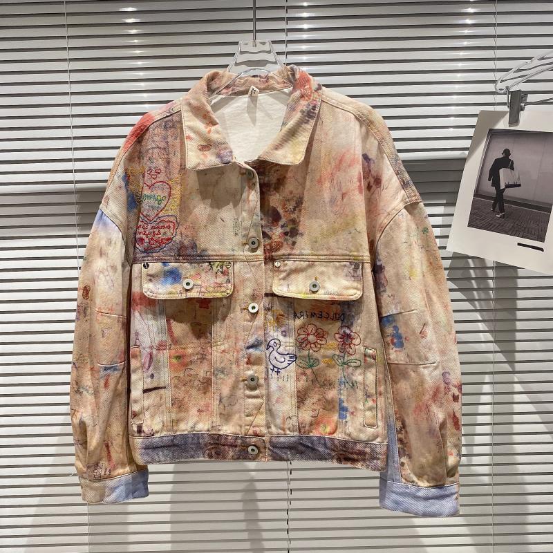 New Style Graffiti Painted Embroidered Letters Street Denim Jacket Short Coat Women