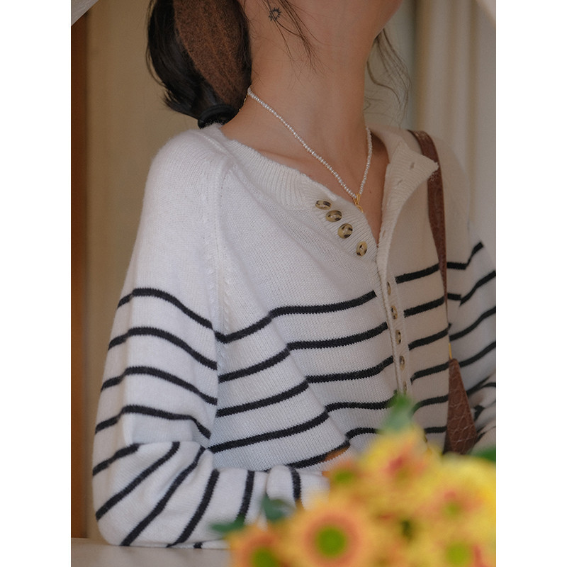French Classic Black And White Striped Button Collar Sweater - Image 6
