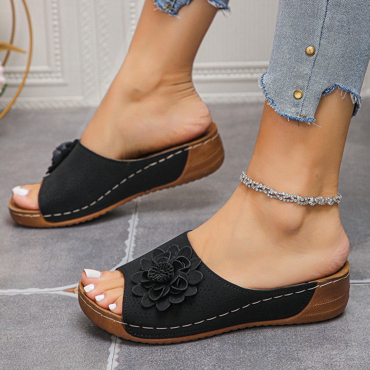 Flower Wedges Sandals Summer Fashion Retro Hollow Sandals Holiday Beach Shoes For Women - Image 4