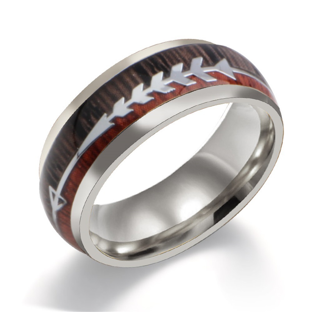 Stainless Steel Wood Grain Arrow Inlaid Ring - Image 4