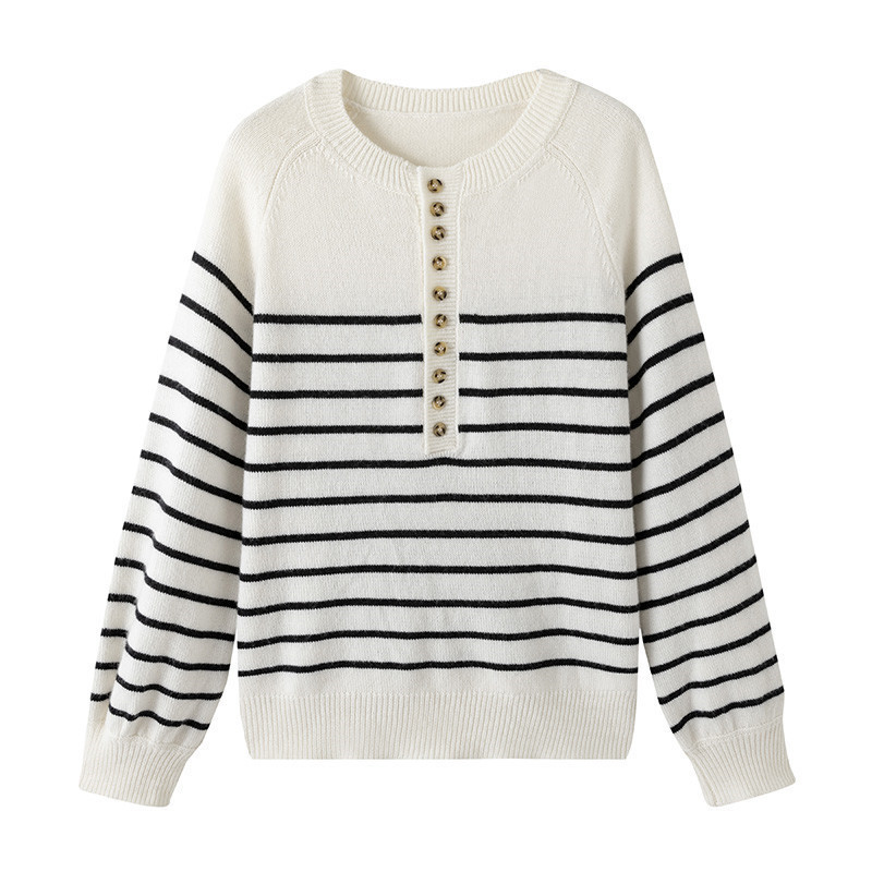 French Classic Black And White Striped Button Collar Sweater - Image 2