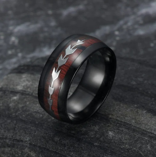 Stainless Steel Wood Grain Arrow Inlaid Ring - Image 5