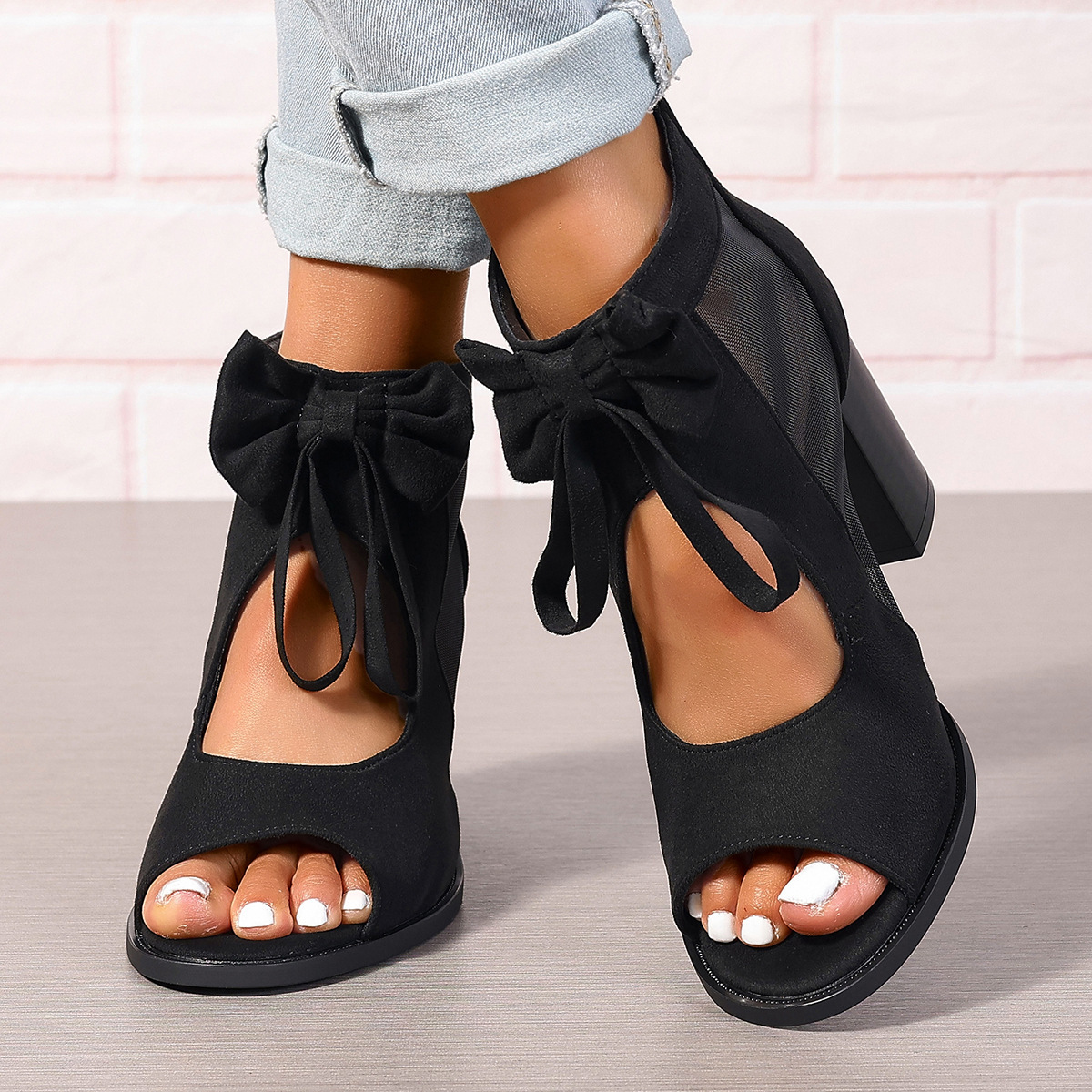 Large Size Thick Heel High Heels Women's Bow Sandals - Image 3