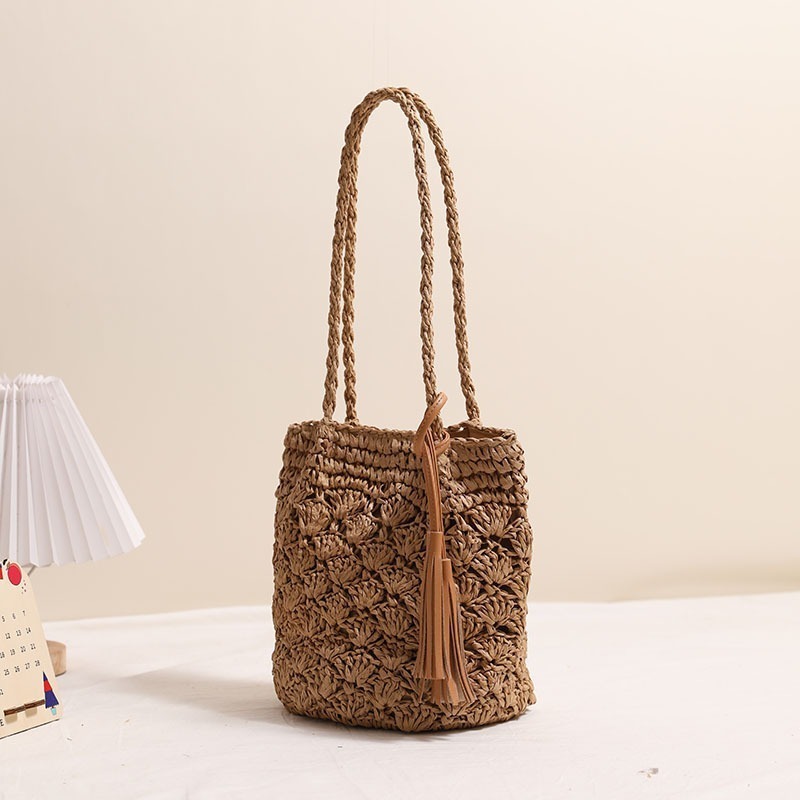 Fashion Tassel Shoulder Straw Bag Fan Hollow Beach Bag - Image 6