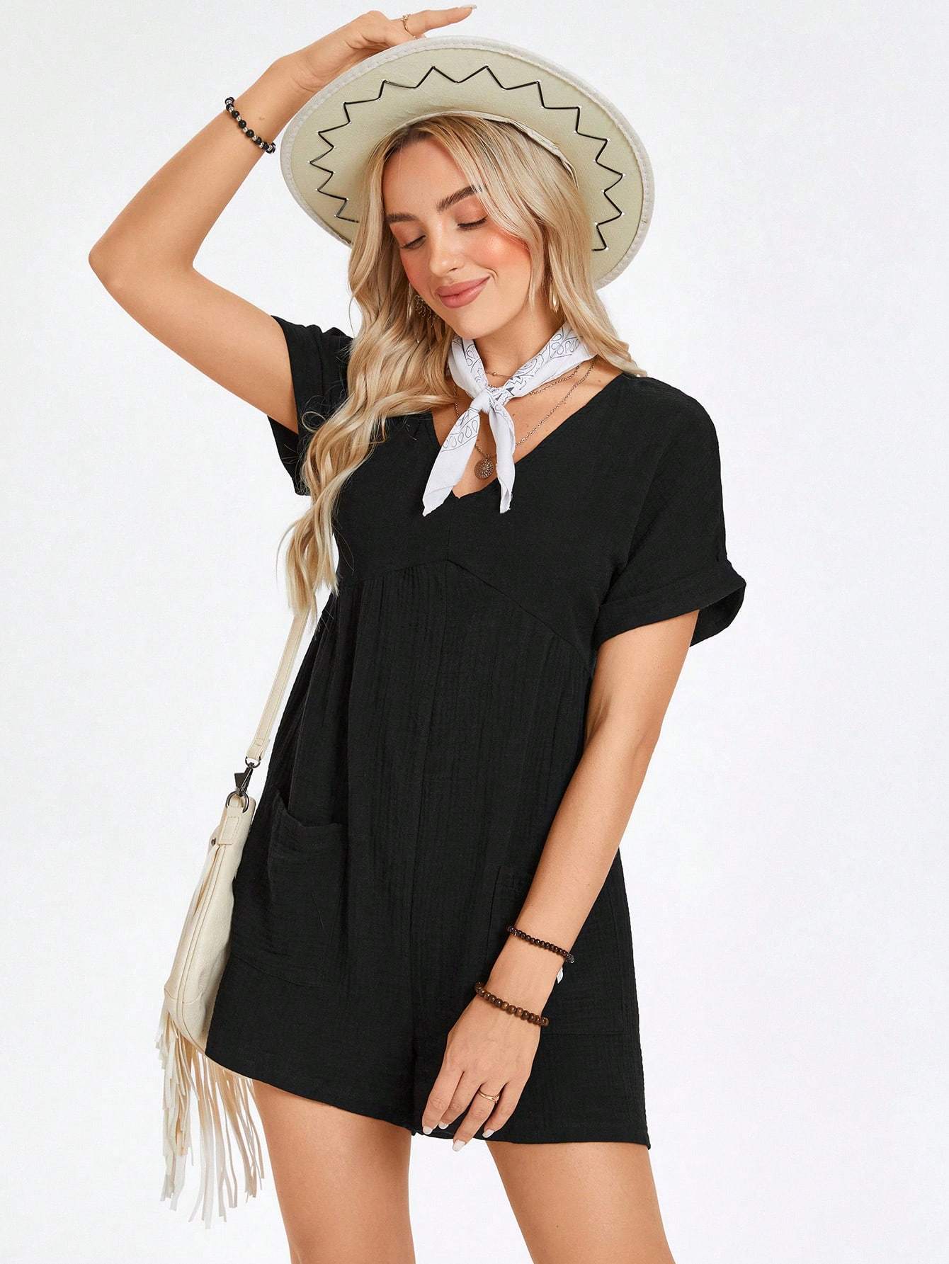 Batwing Sleeve Pocket Patched Romper - Image 2