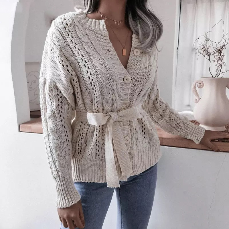 Twisted Buttoned Waist Knitted Cardigan - Image 2