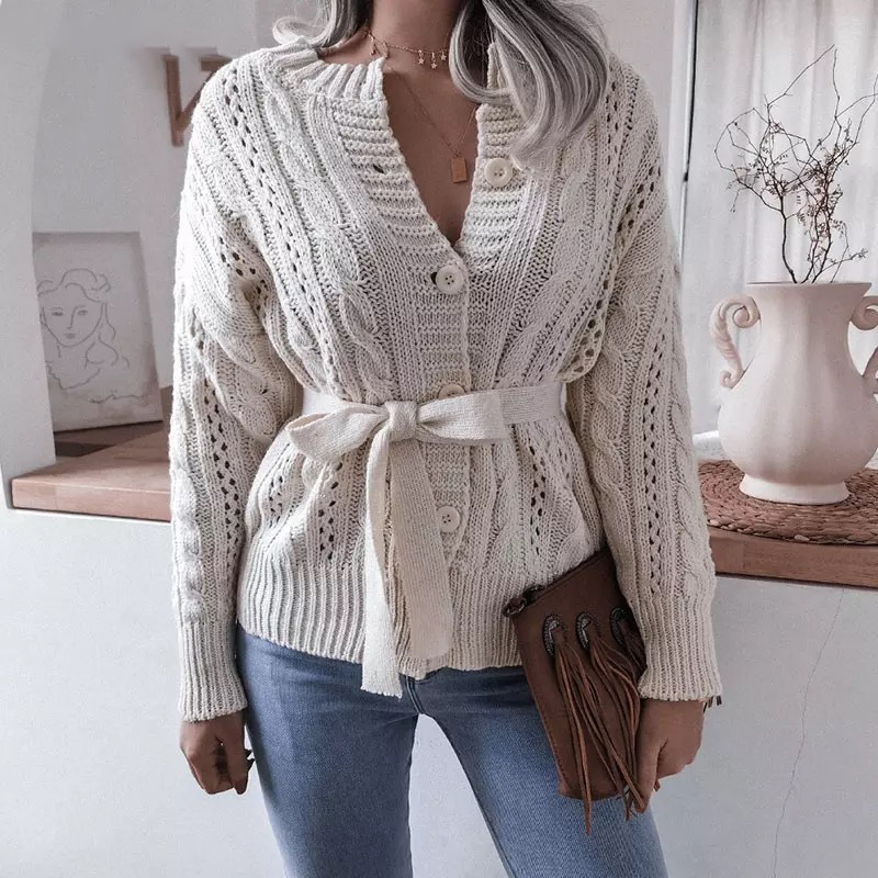 Twisted Buttoned Waist Knitted Cardigan - Image 3