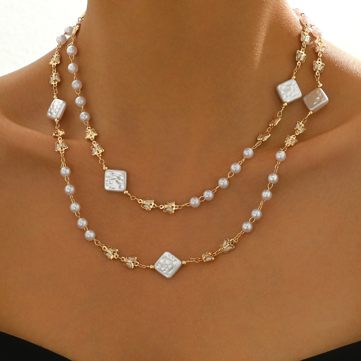 Elegant Double Layer Pearl And Square Bead Necklace - Stylish And Feminine Jewelry For Young Women - Image 3