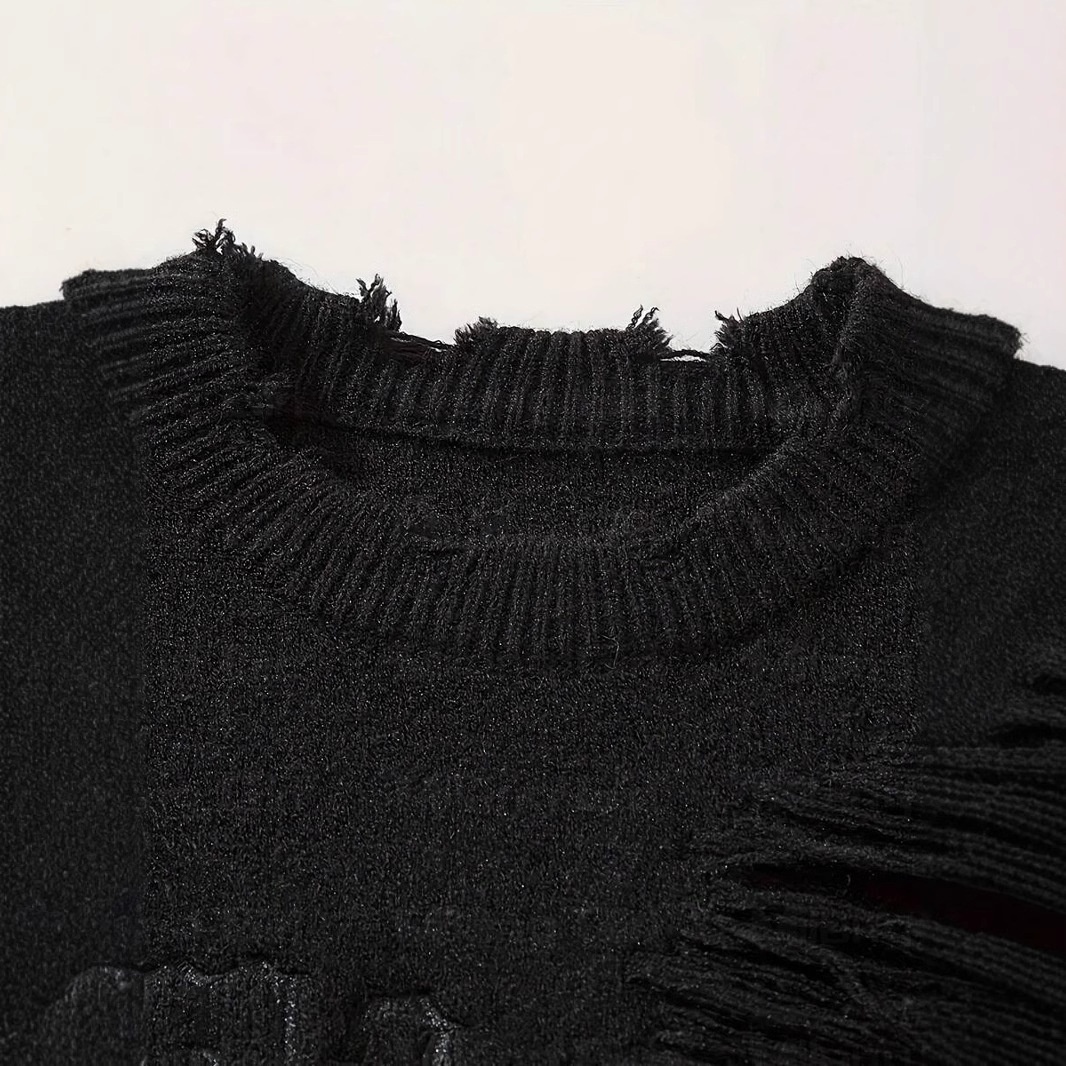 American New Dark Letter Jacquard Ripped Long Sleeves Warm Sweater - Image 2