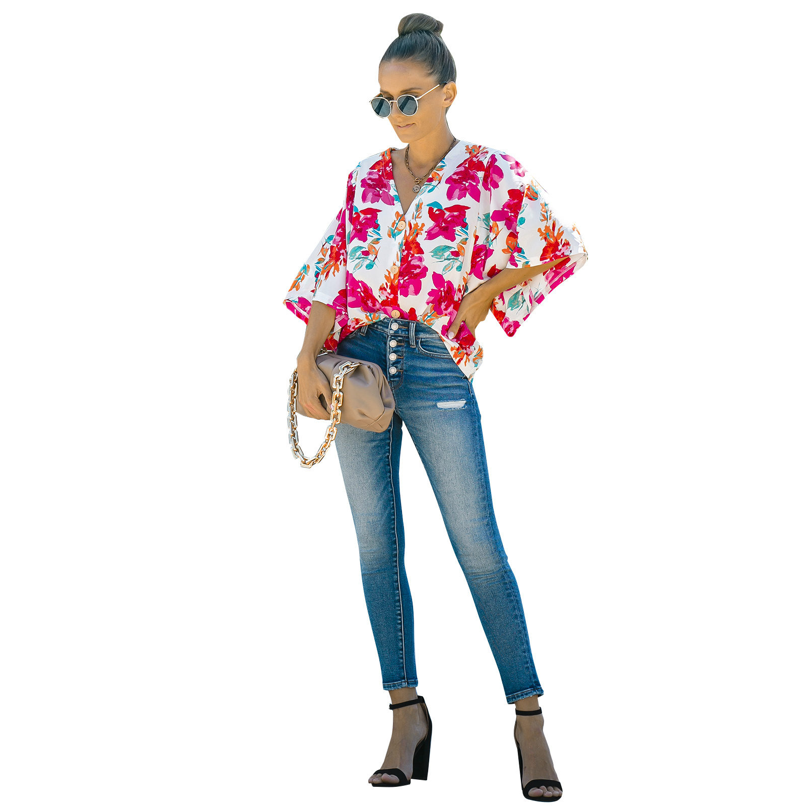 European And American Women's Five-quarter Sleeve Loose Floral Shirt - Image 6