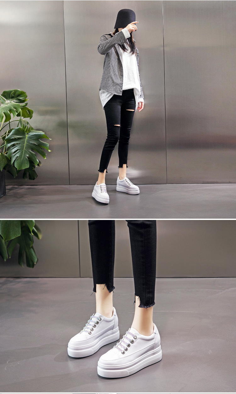 Genuine Leather Platform Versatile Casual Breathable White Muffin Height Increasing Insole Women's Board Shoes - Image 3