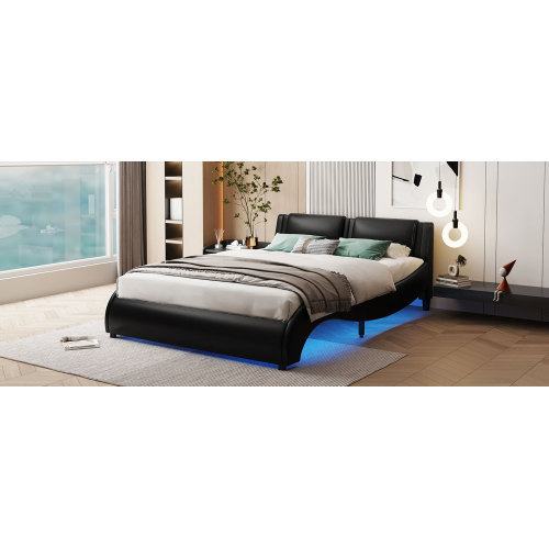 Full Size Upholstered Faux Leather Platform Bed With LED Light Bed Frame With Slatted - Black - Image 9