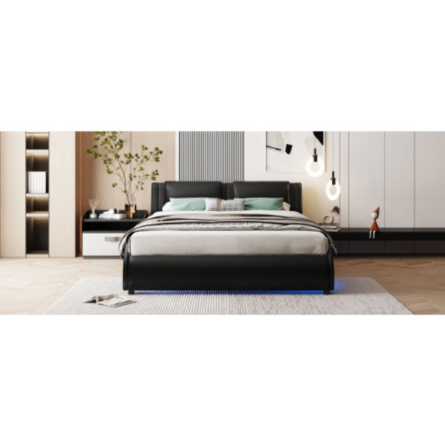 Full Size Upholstered Faux Leather Platform Bed With LED Light Bed Frame With Slatted - Black - Image 4