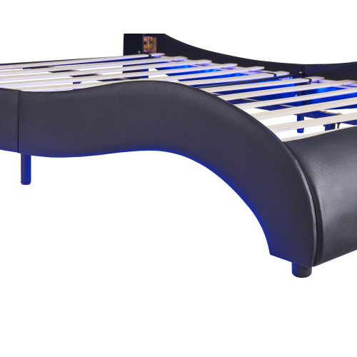 Full Size Upholstered Faux Leather Platform Bed With LED Light Bed Frame With Slatted - Black - Image 2