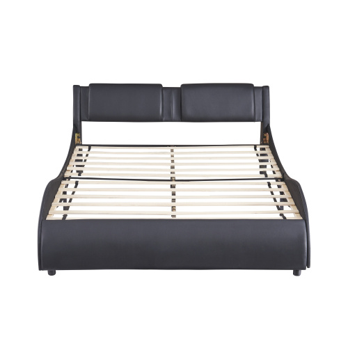 Full Size Upholstered Faux Leather Platform Bed With LED Light Bed Frame With Slatted - Black - Image 3