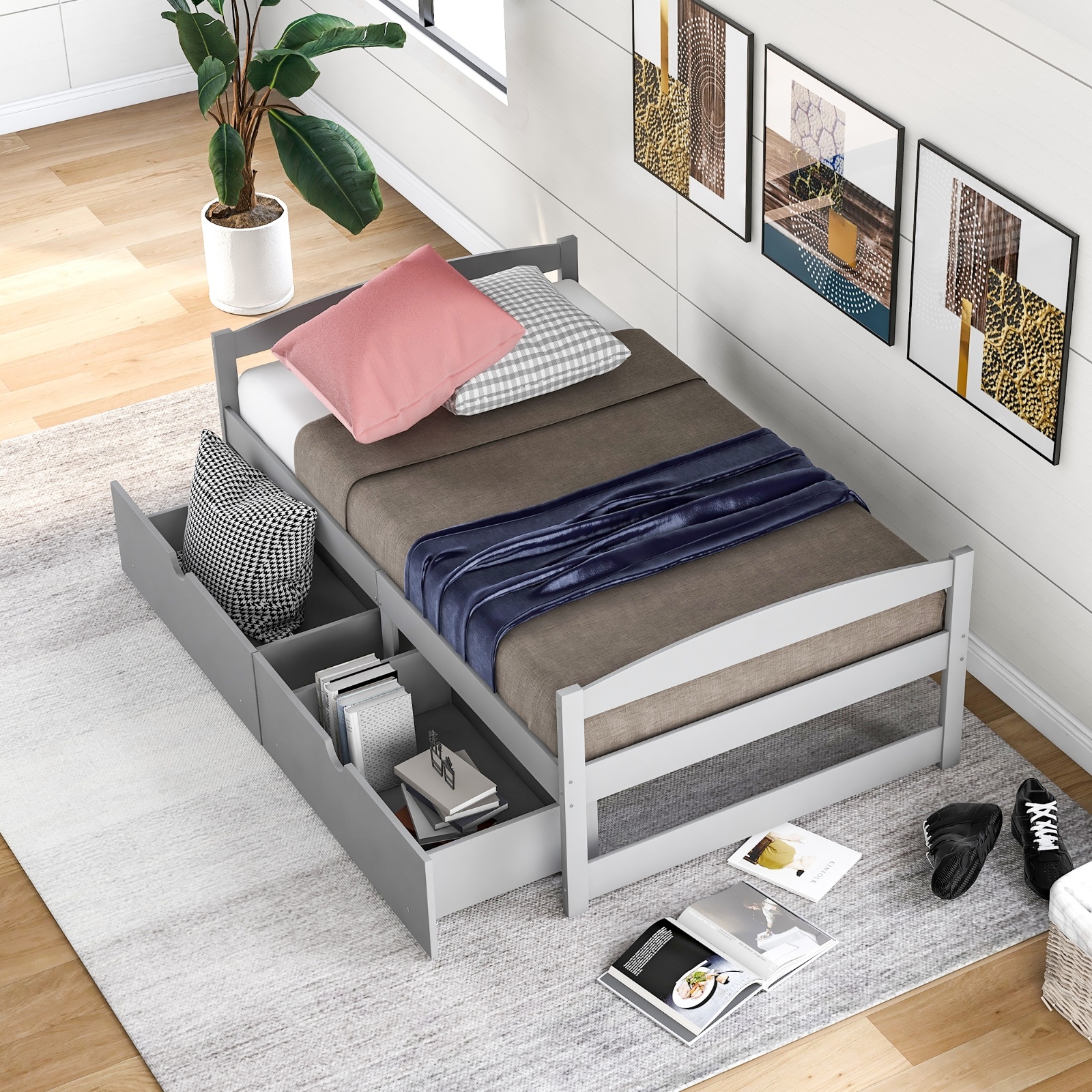 Twin Size Platform Bed, With Two Drawers, Gray - Image 2