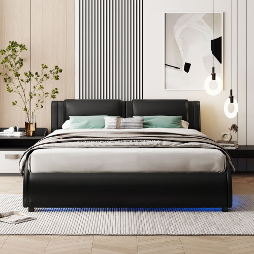 Full Size Upholstered Faux Leather Platform Bed With LED Light Bed Frame With Slatted - Black - Image 5