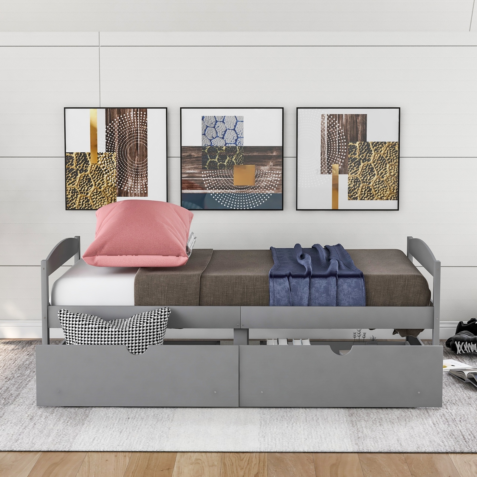 Twin Size Platform Bed, With Two Drawers, Gray - Image 4