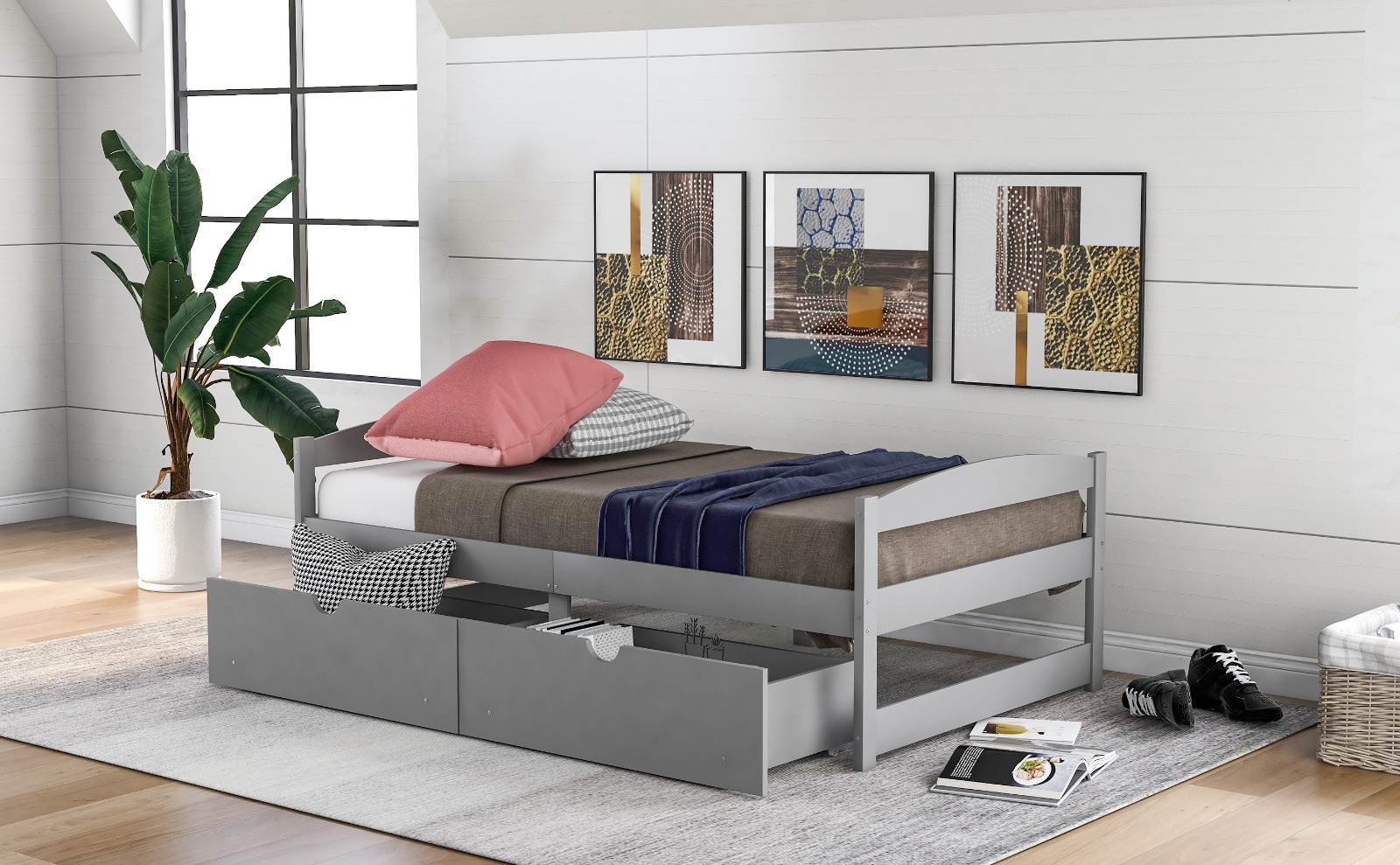 Twin Size Platform Bed, With Two Drawers, Gray - Image 8